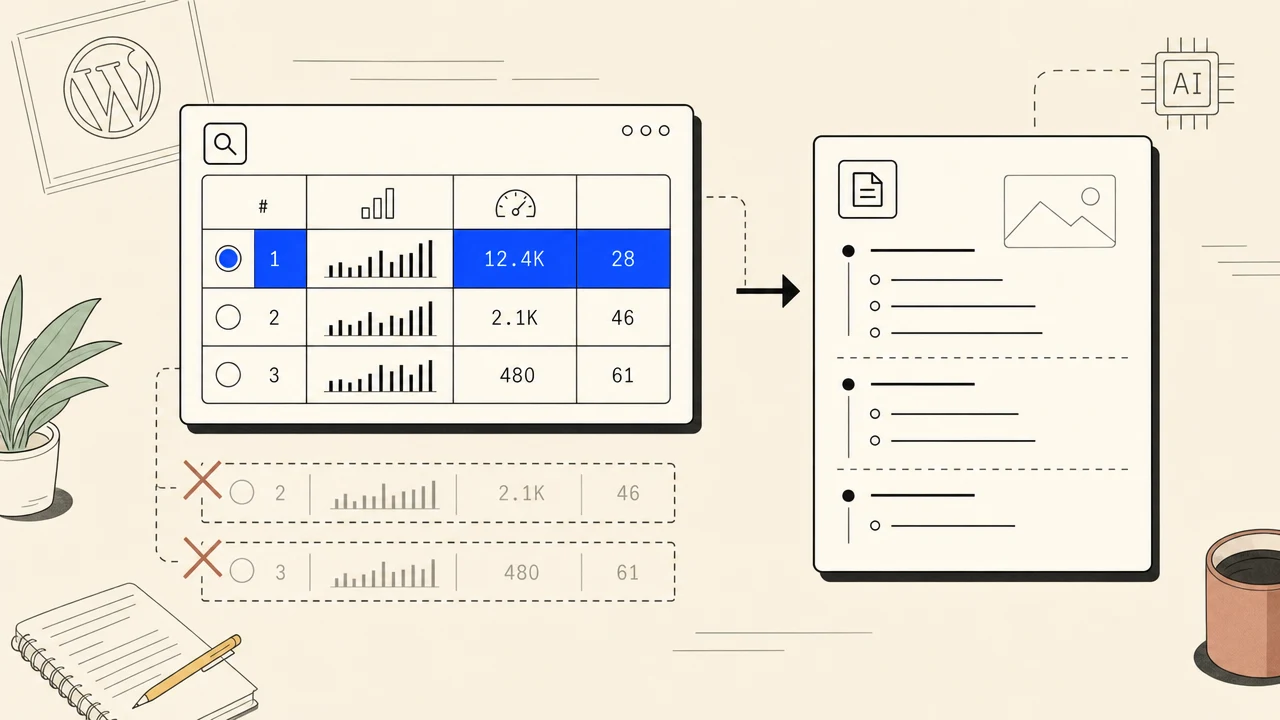Live keyword volume and difficulty data feeding an article outline, with weak candidates rejected