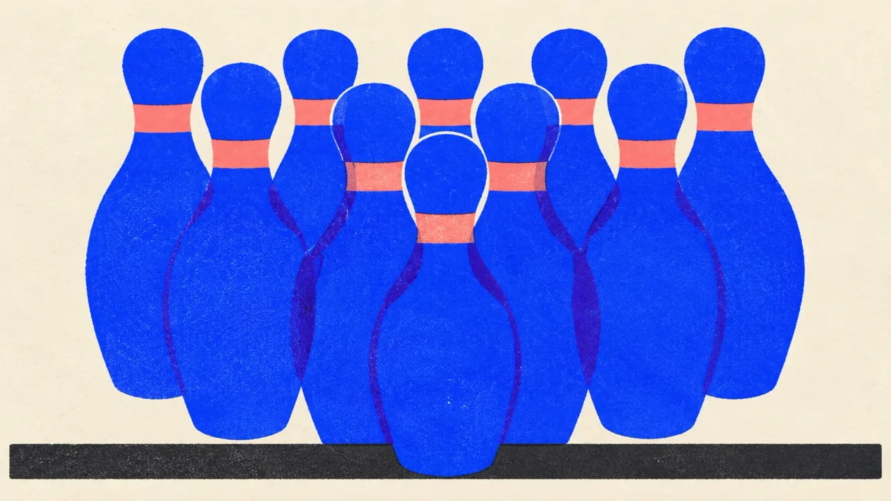 Editorial illustration: ten identical bowling pins standing in rows, standing for many near-identical pages made at scale