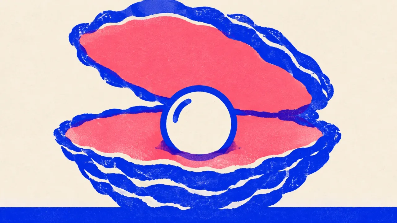Editorial illustration: an open oyster shell holding one large pearl, standing for the one original thing that makes a page worth ranking
