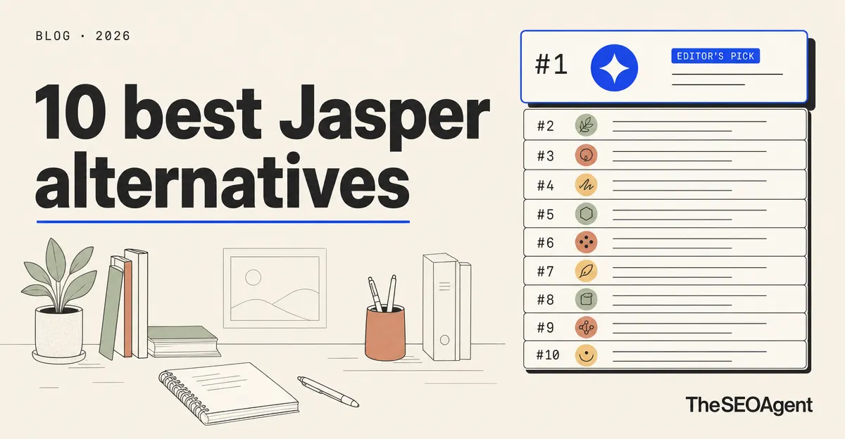 Editorial illustration: ten ranked Jasper alternatives compared for SEO content workflows