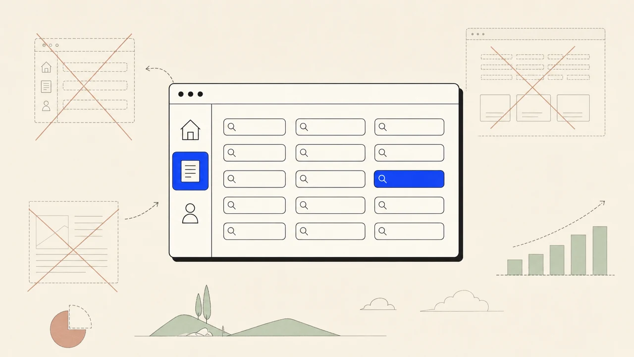 Editorial image: a small app with few pages beside a wide grid of search queries, most of them unclaimed