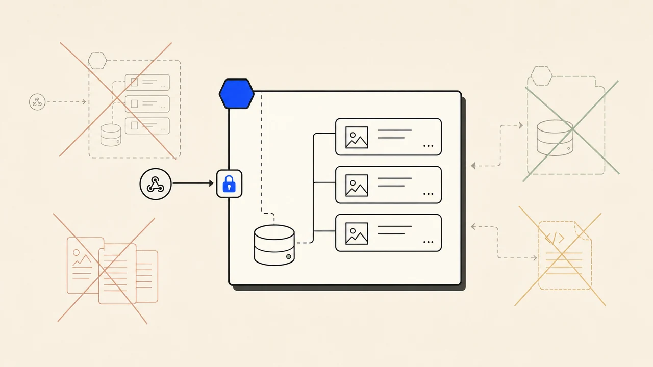 Editorial image: a simple posts table and blog routes inside one app boundary, with an optional inbound webhook arrow