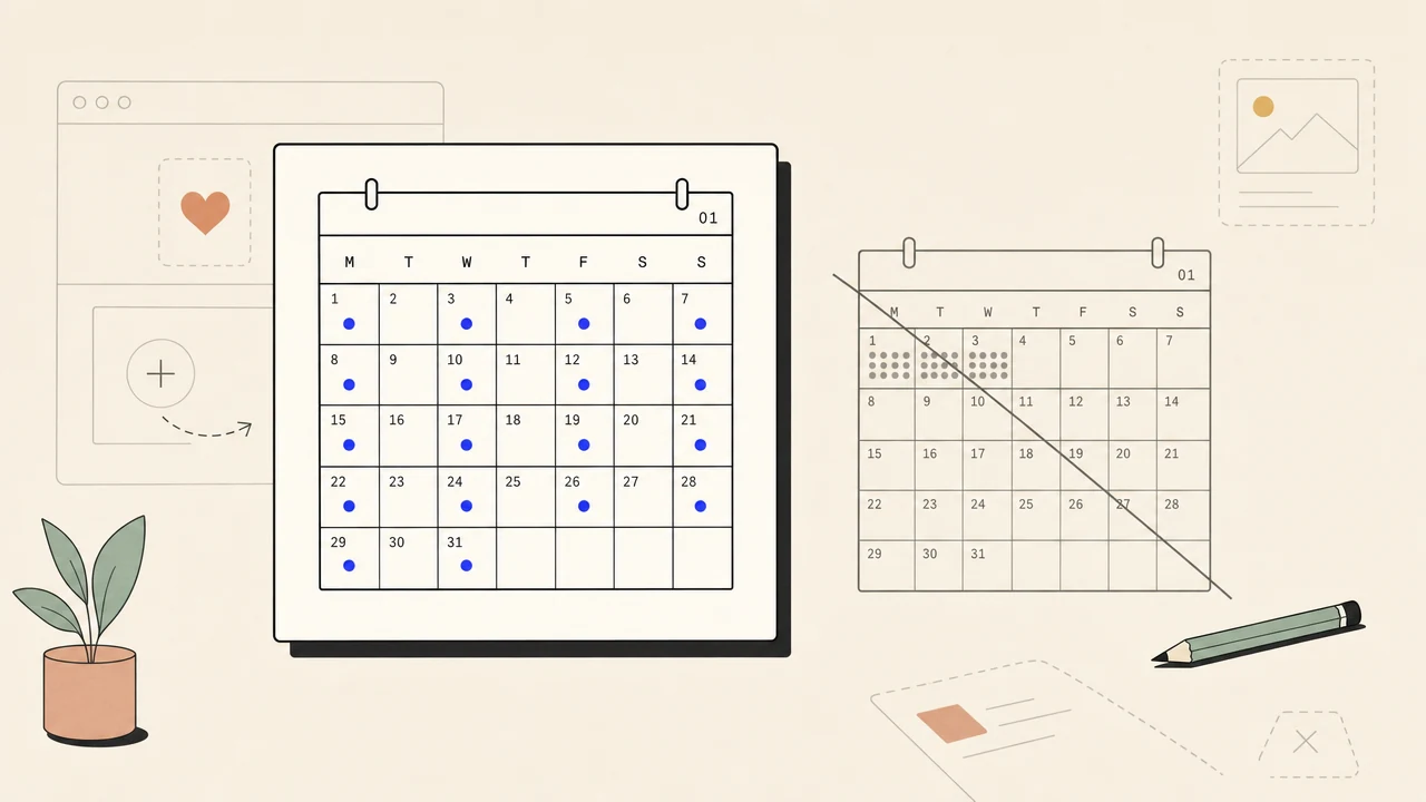 Editorial image: a steady weekly publishing rhythm on a calendar beside a burst-then-silence pattern crossed out
