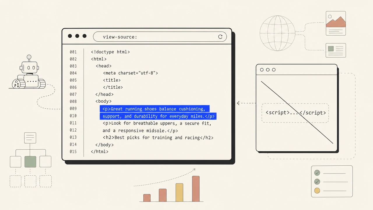 Editorial image: a browser view-source panel with real page copy highlighted, beside an empty script-only shell crossed out