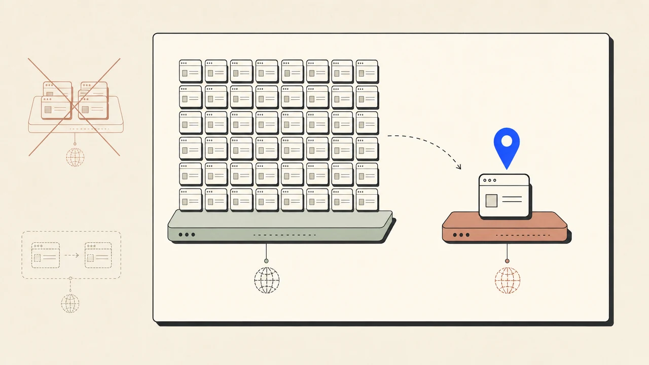 Editorial image: a shared subdomain neighborhood of identical tiles beside a single standalone custom domain marked with a cobalt pin