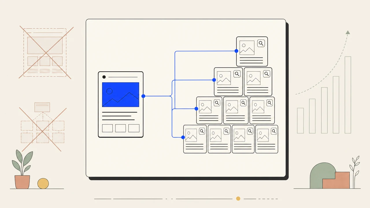 Editorial image: a single homepage tile beside a growing grid of keyword-targeted article tiles connected by a cobalt pipeline