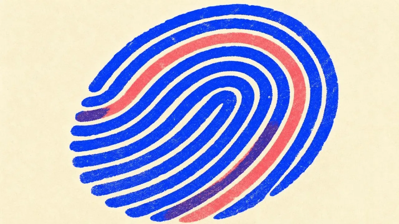 Editorial illustration: one large fingerprint whorl with one ridge printed in a second colour, standing for the handful of habits that identify AI writing