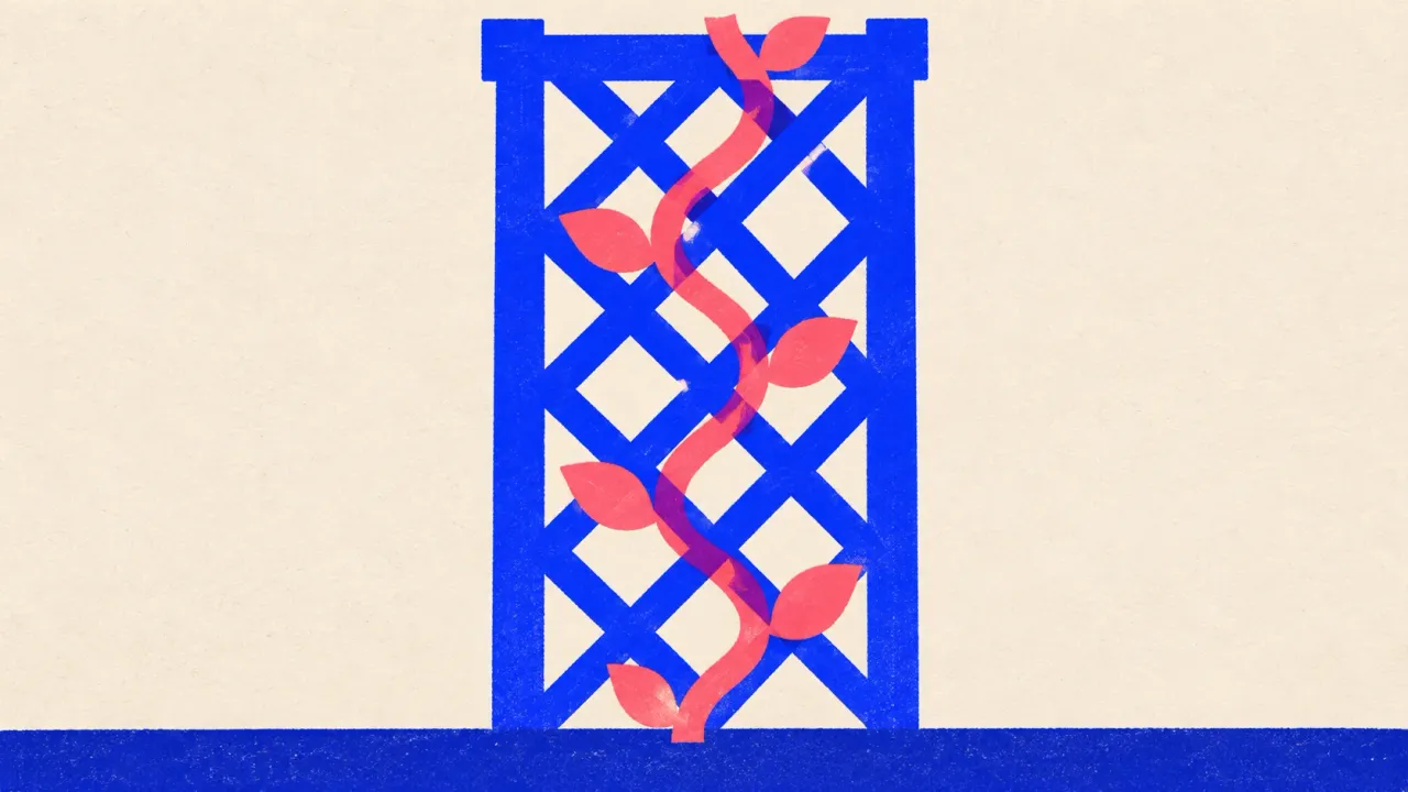 Editorial illustration: a vine climbing a garden trellis along its slats, standing for instructions that shape a draft before it is written
