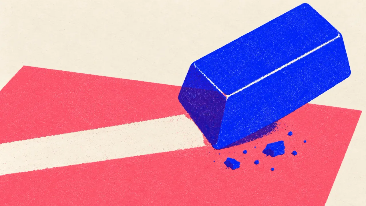 Editorial illustration: an eraser that has rubbed a clean strip across a sheet, standing for the edit pass that removes what the prompt missed