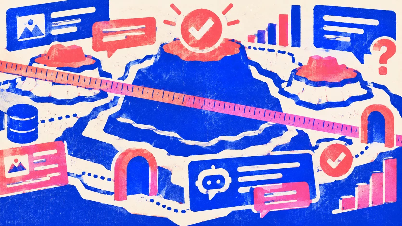 Illustration of a contour map of topic plateaus with only some of them capped and covered