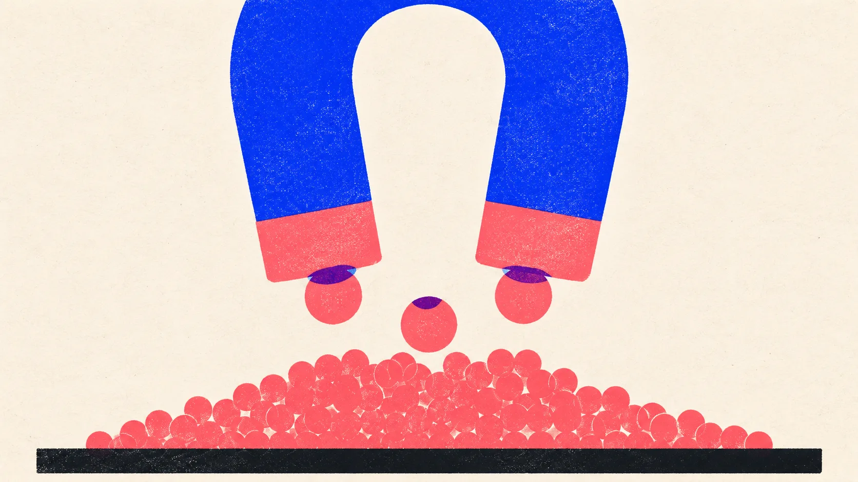 Editorial illustration: a horseshoe magnet lifting three pellets out of a large mound, standing for picking the few winnable keywords out of a big keyword pool