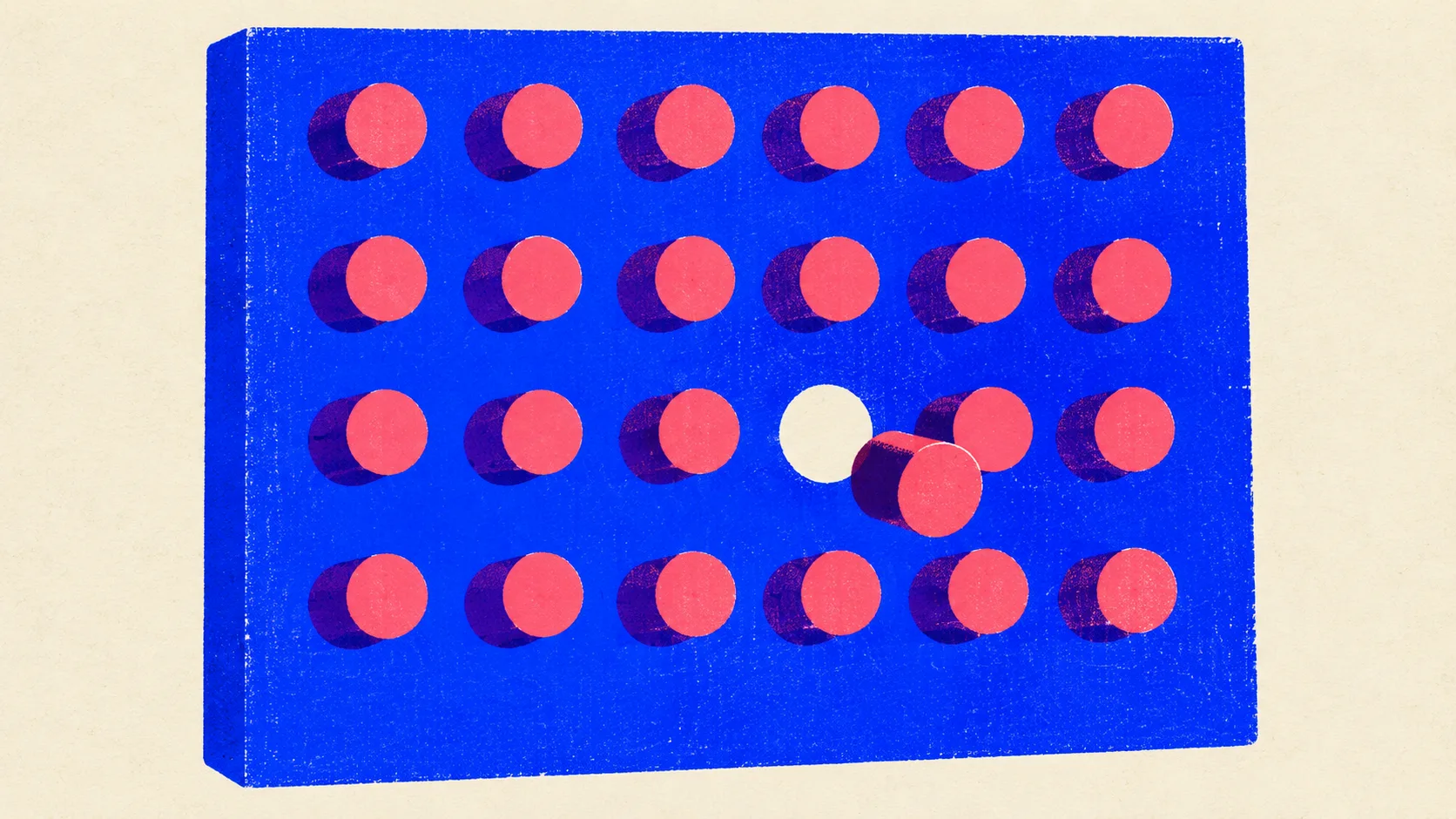 Editorial illustration: a pegboard with every hole filled except one, and one new peg about to slot into the empty hole, standing for planning only the keywords no existing page covers