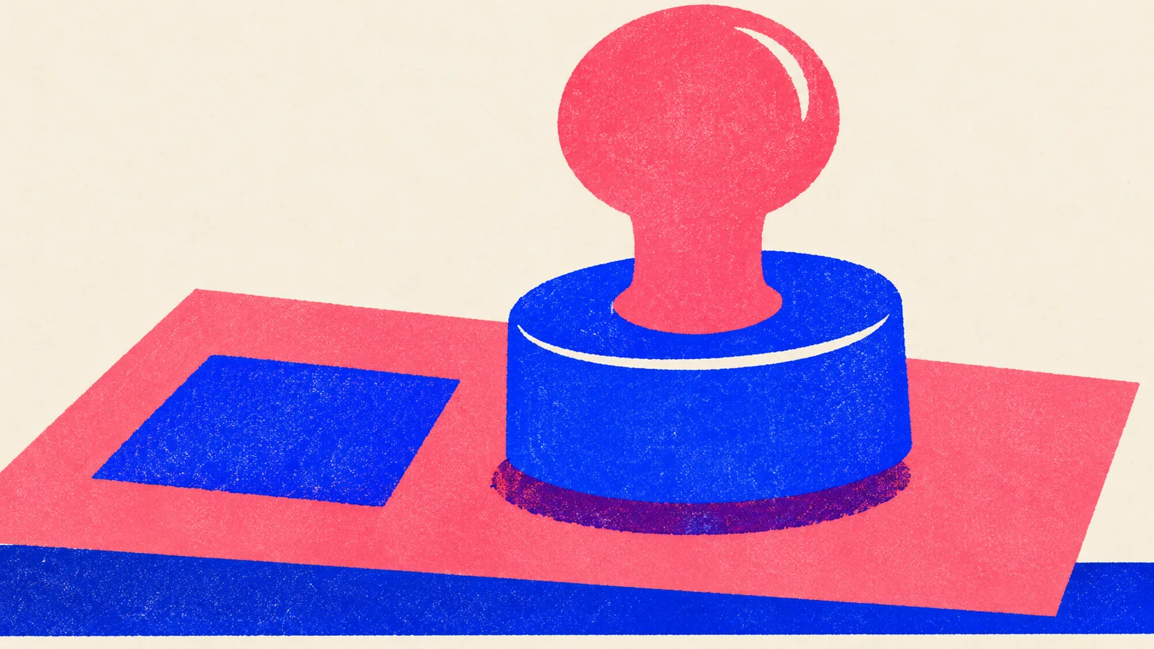 Editorial illustration: a rubber stamp pressing down on a sheet beside an earlier impression, standing for the quality check every draft has to pass before it goes live
