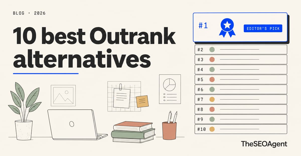 Editorial illustration: ten ranked Outrank alternatives compared on the same publishing cadence