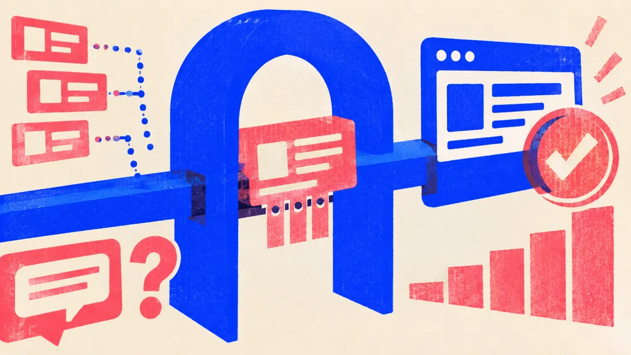 Illustration of one article tile travelling a rail through a gate with source strips attached, ending at a published page plate