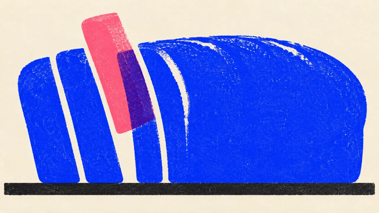Editorial illustration: a loaf of bread cut into separate slices with one slice lifted out, standing for a page that Perplexity splits into passages and scores one at a time