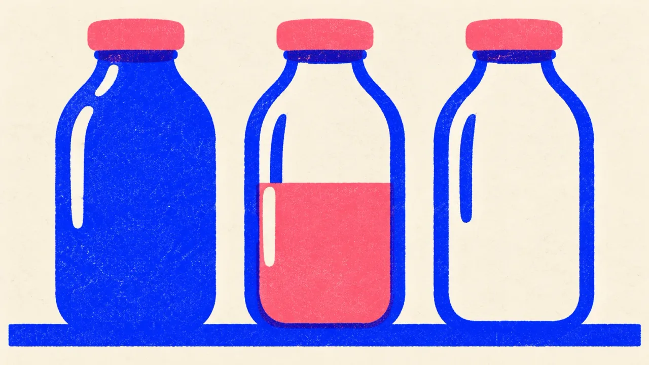 Editorial illustration: three milk bottles in a row, one full, one half full and one empty, standing for a page whose facts go stale over time