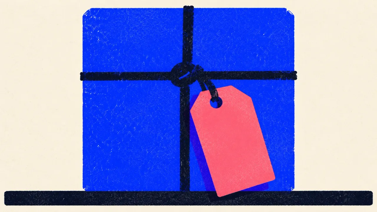 Editorial illustration: a parcel tied with cord and one large tag hanging from it, standing for a passage that names the thing it is about