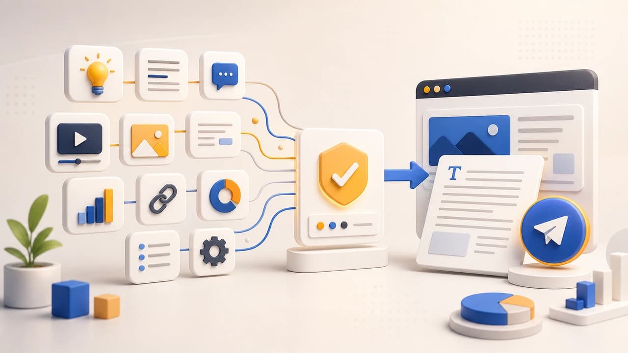 Illustration of a broad blog toolkit with checkpoints before publishing