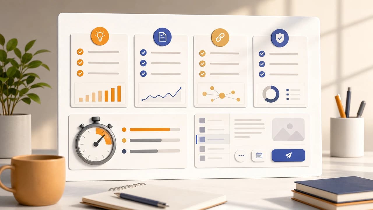 Illustration of an SEO publishing system with keyword, citation, and publishing checkpoints