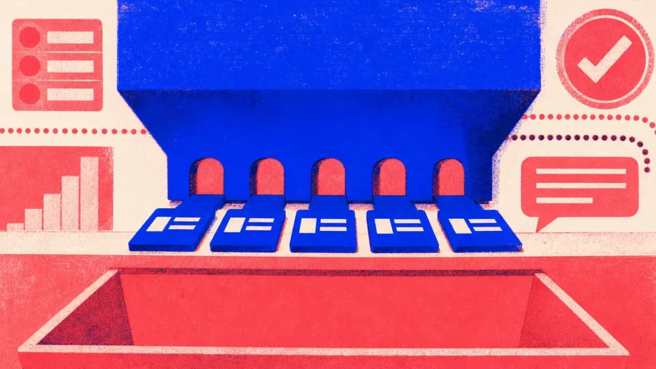Illustration of a hopper releasing exactly five article tiles onto a narrow ledge above a large empty trough
