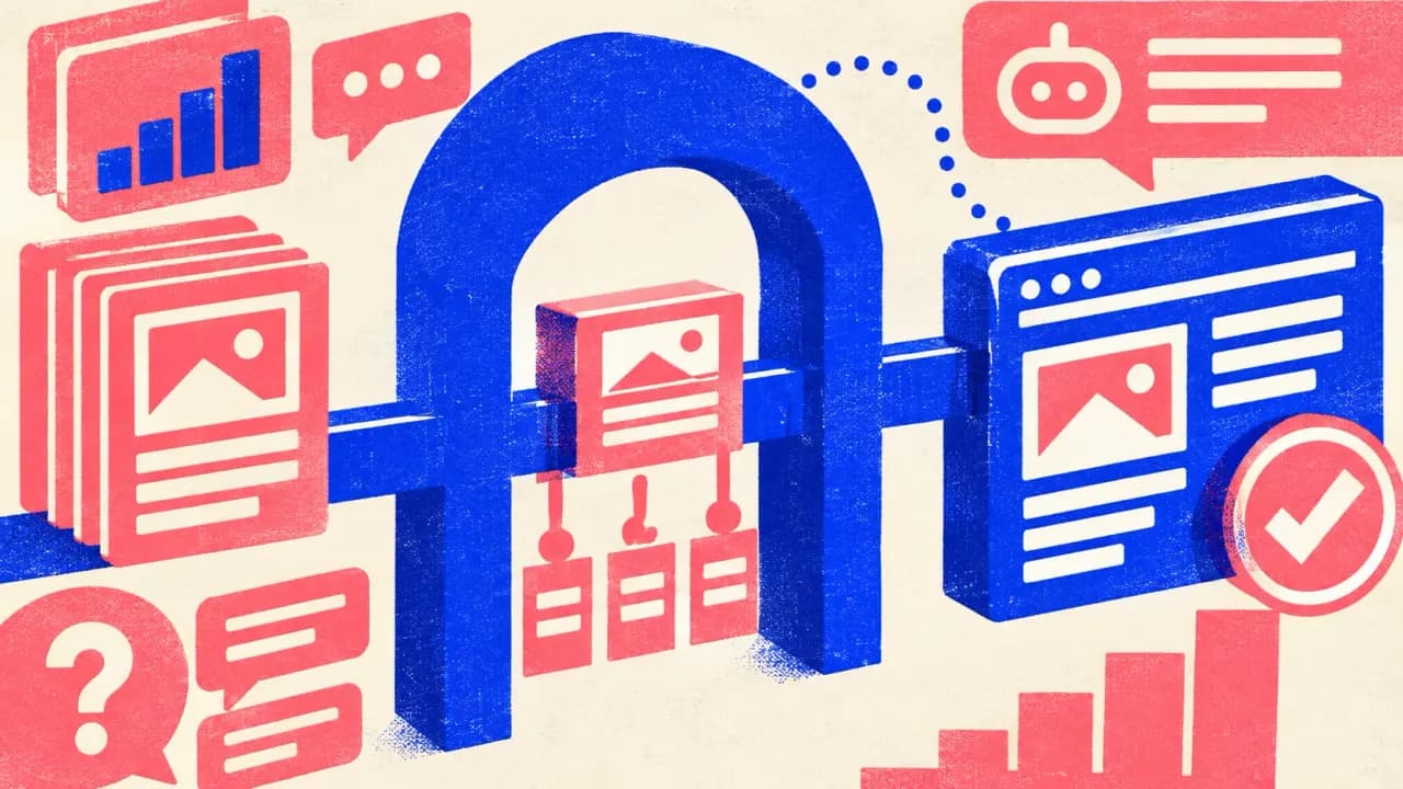 Illustration of one article tile travelling a rail through a gate with source strips attached, ending at a published page plate