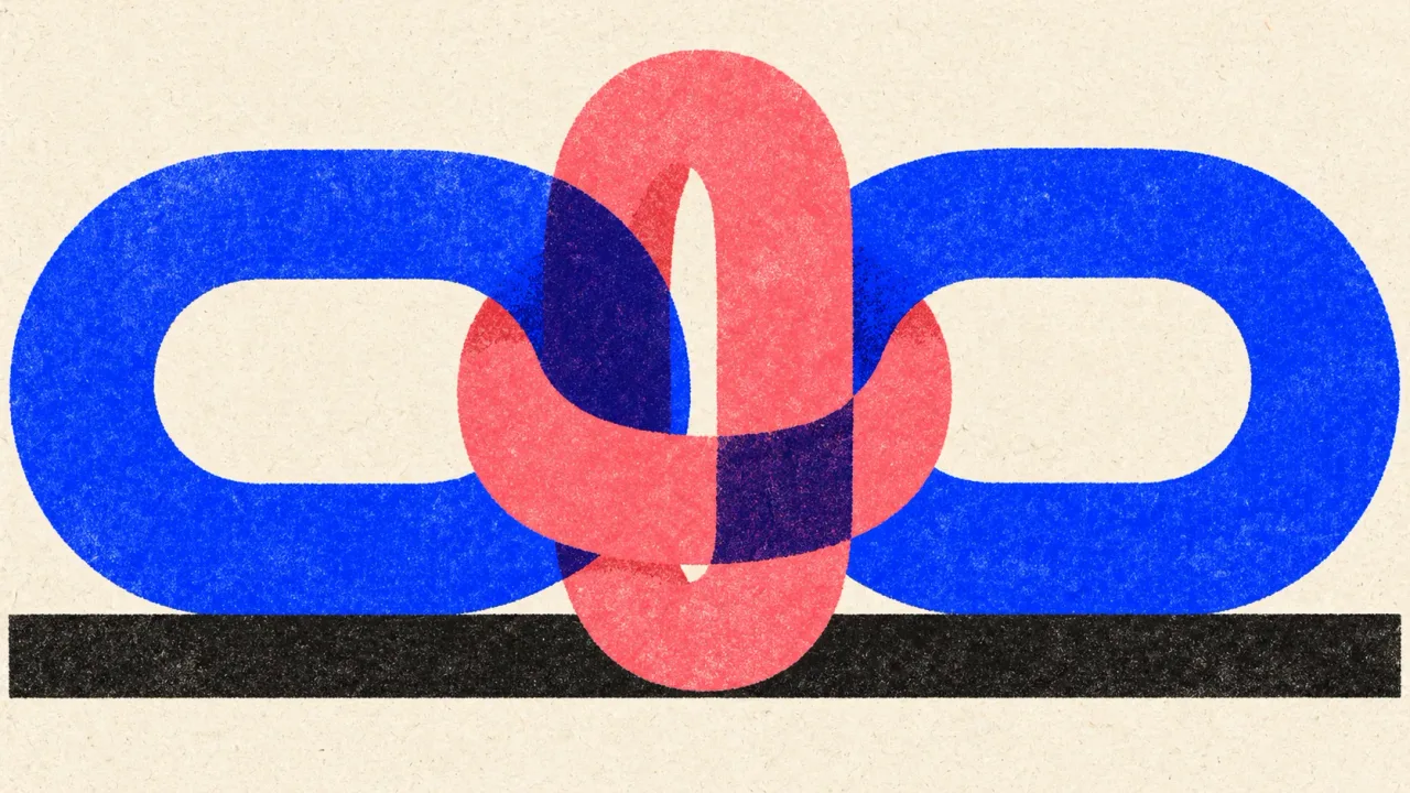 Editorial illustration: three chain links joined in a row, standing for schema markup tying a page to the organization and profiles behind it