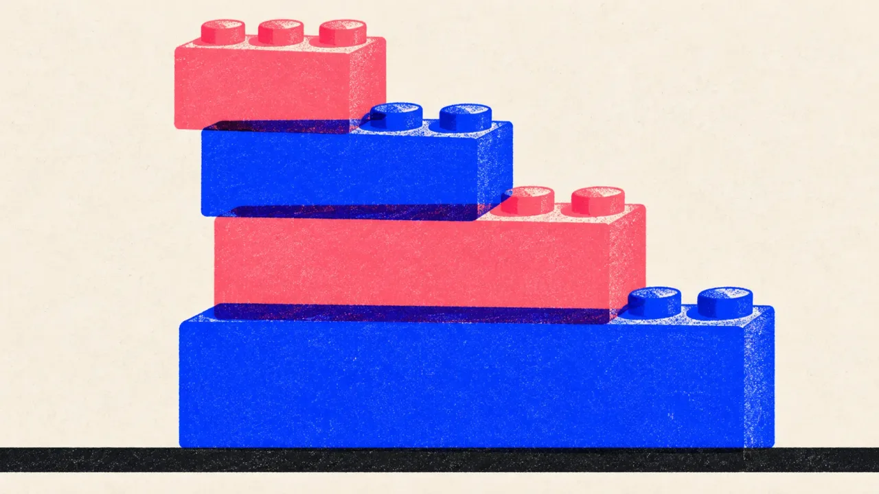 Editorial illustration: four toy building bricks stacked into a stepped tower, standing for schema types connected into one graph by @id