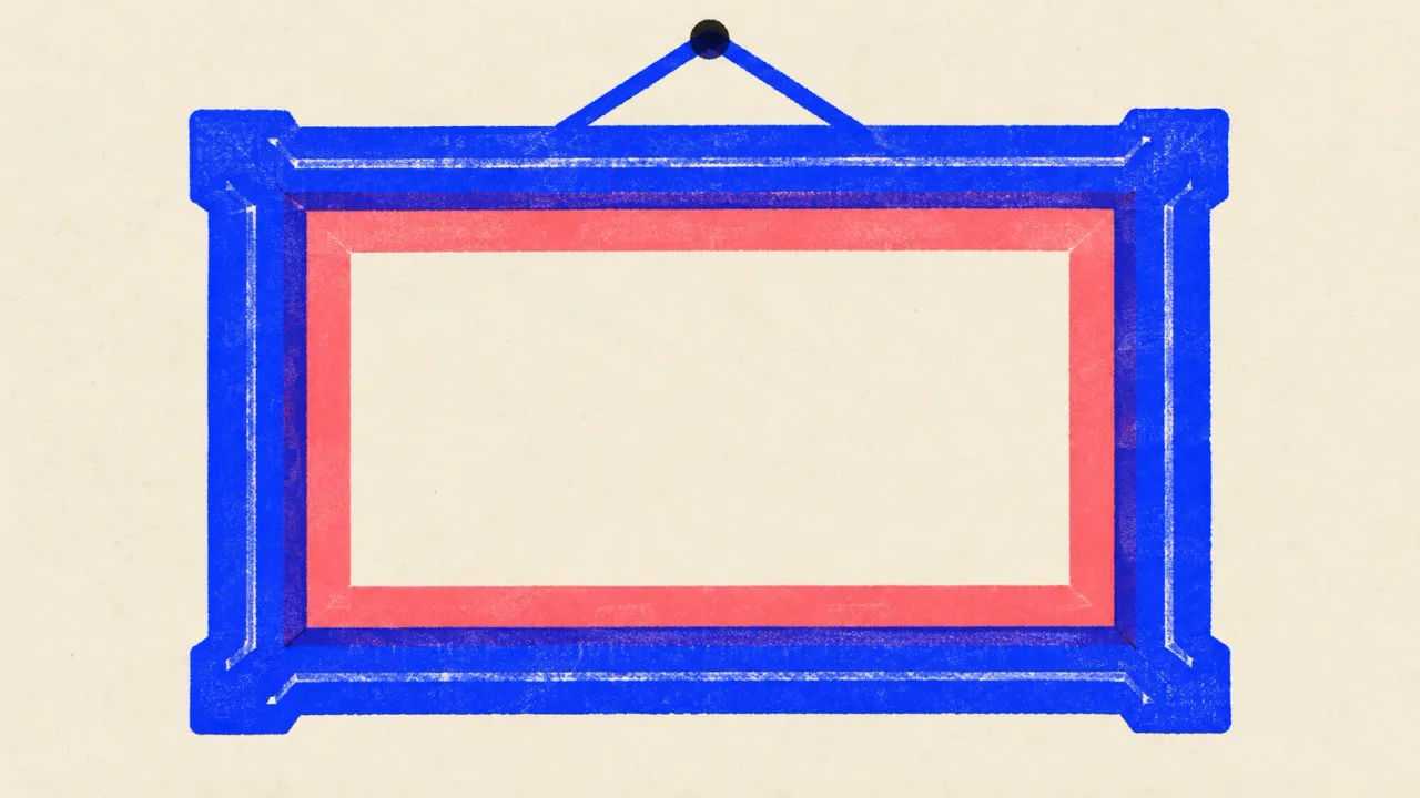 Editorial illustration: an empty picture frame hanging on a nail, standing for markup that labels a page but cannot supply the content