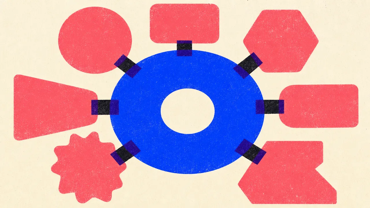 Editorial illustration: a central ring joined to seven differently shaped receiving ports, one brand feeding many surfaces with different requirements