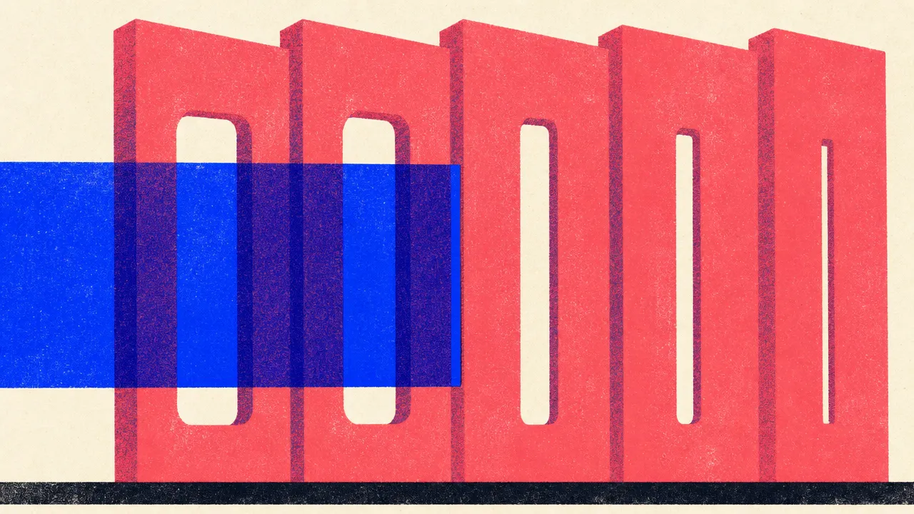 Editorial illustration: one content slab passing through two aperture plates of different widths and stopping hard against a third, showing where an asset stops transferring