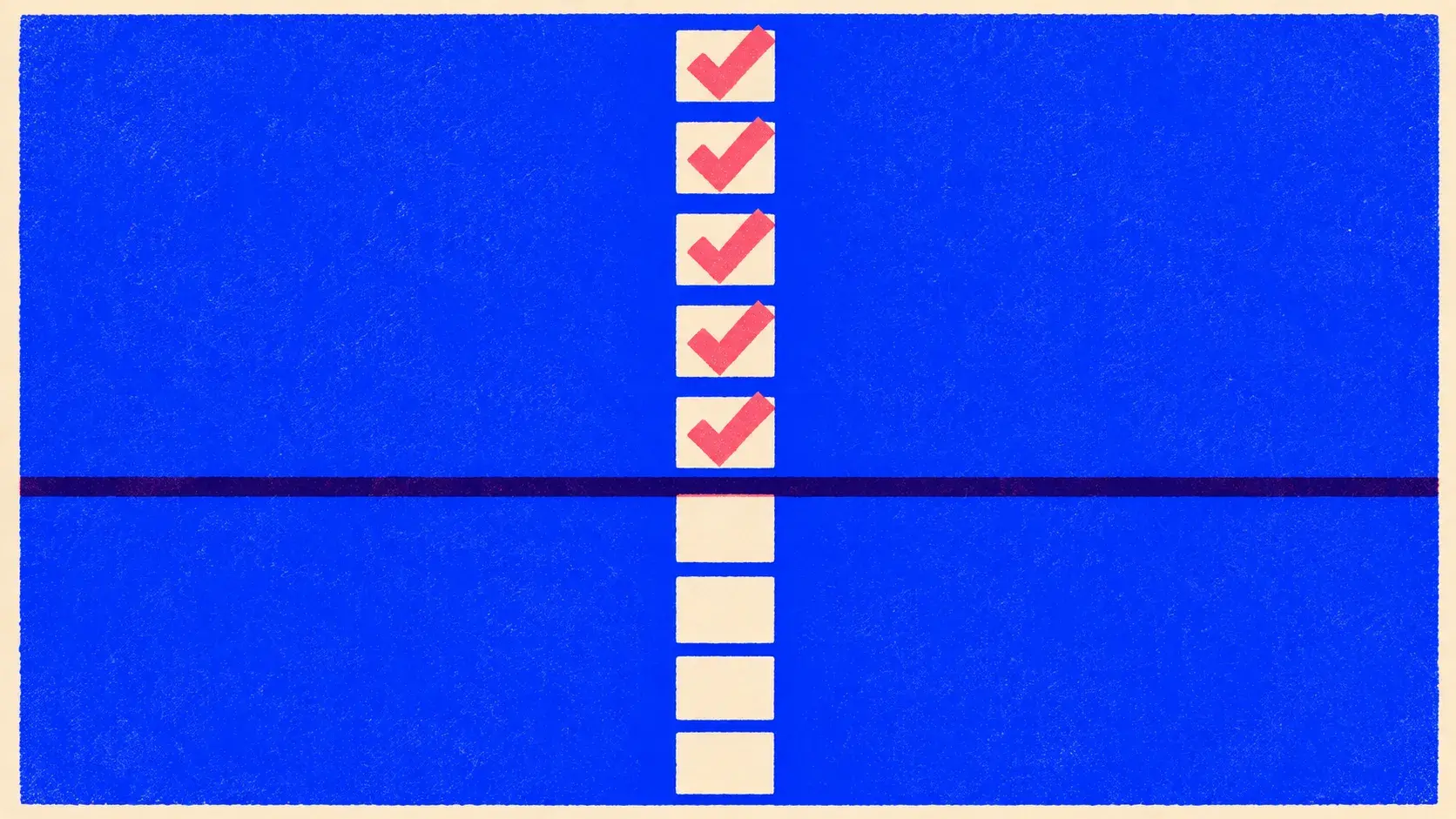 Editorial illustration: a vertical column of nine large square boxes, the top five filled solid with heavy tick strokes and the bottom four left as empty outlines