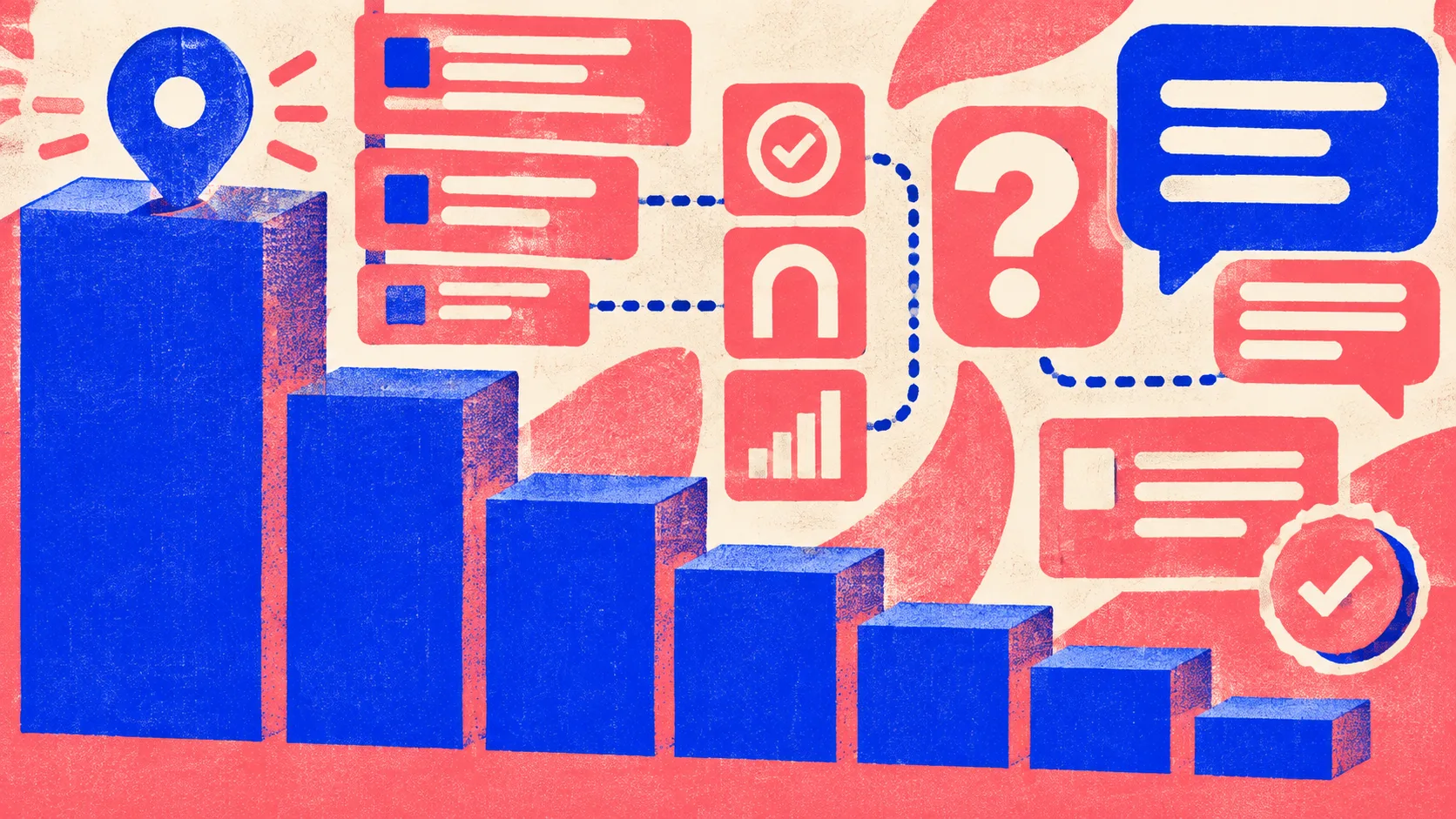 Editorial illustration: a steep descending stair of solid blocks with the tallest block marked, showing how click share collapses below the first position
