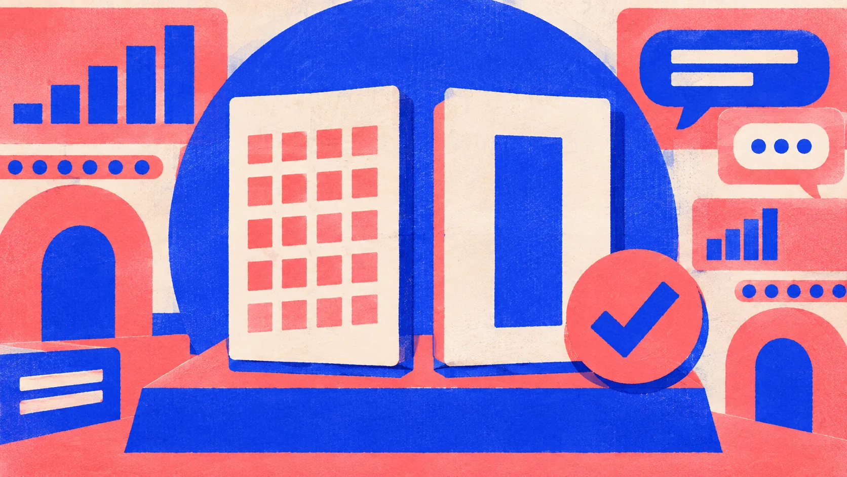 Editorial illustration: two upright plates side by side, one stamped with a grid of small squares and one carrying a single solid bar, showing a forecast checked against measured results