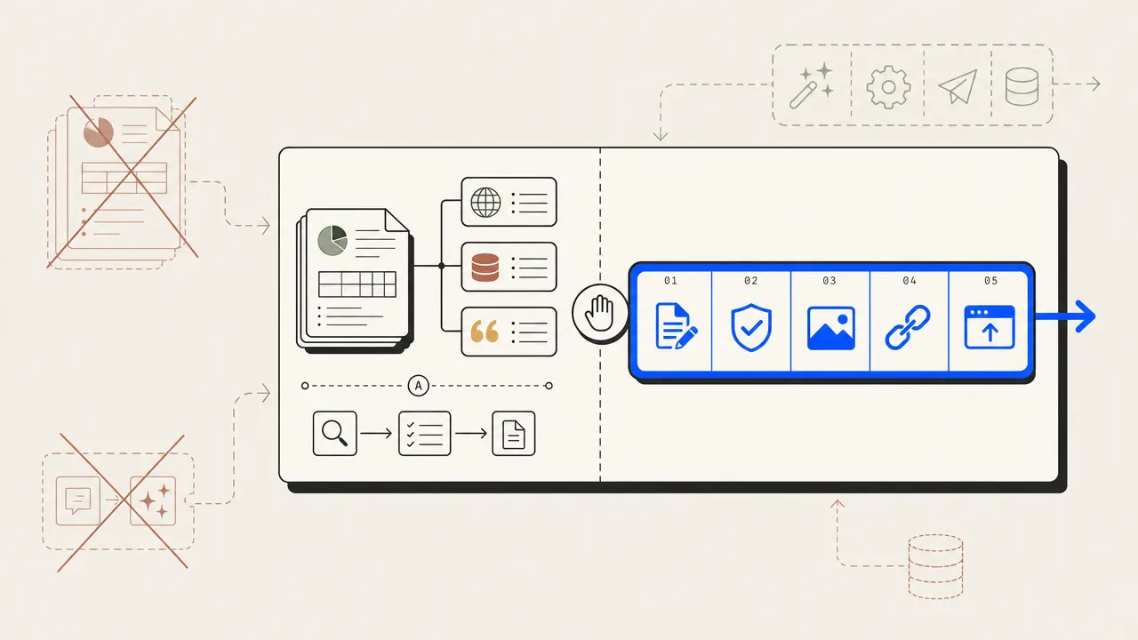 SEO research brief handing off to drafting, checks, images, and CMS publishing