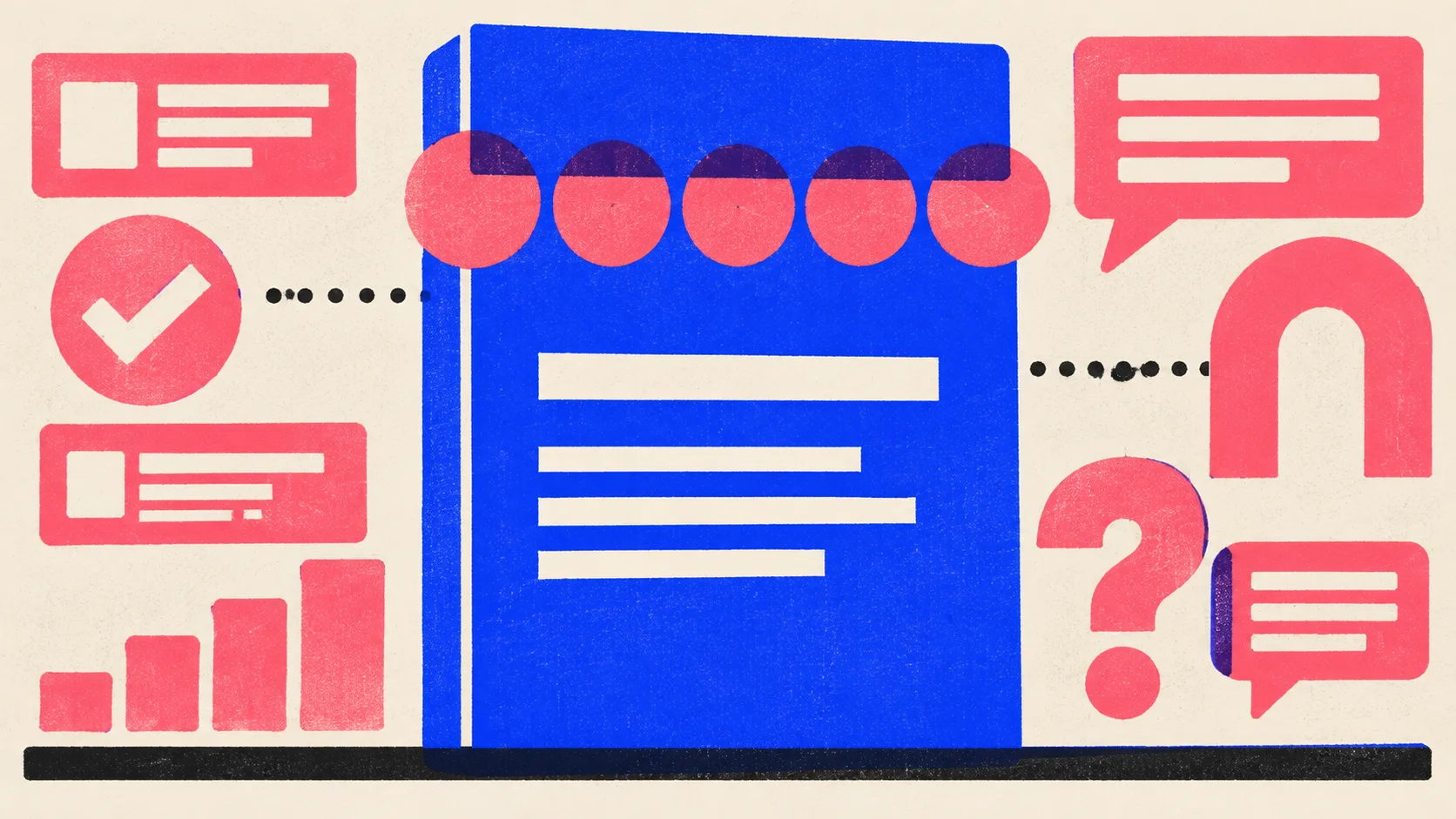 Editorial illustration: an upright report slab with a single row of five marker chips pinned across it, standing for the five fixed metrics in a monthly report