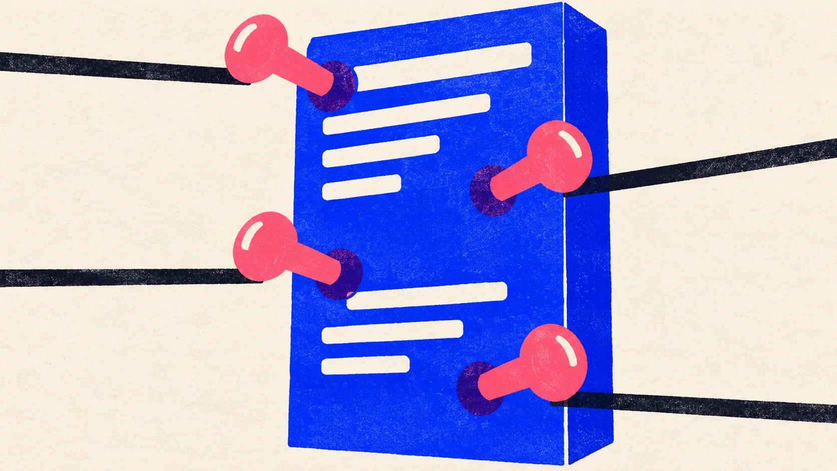 Editorial illustration: an upright report slab with four annotation pins driven into its face, standing for an annotated sample report