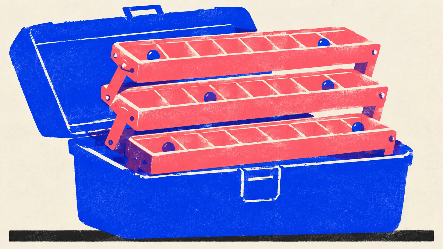 Editorial illustration: an open tackle box with three cantilever trays fanned out, every compartment in order