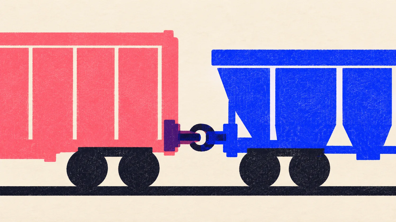 Editorial illustration: two freight wagons locked together by one heavy coupling on a single rail