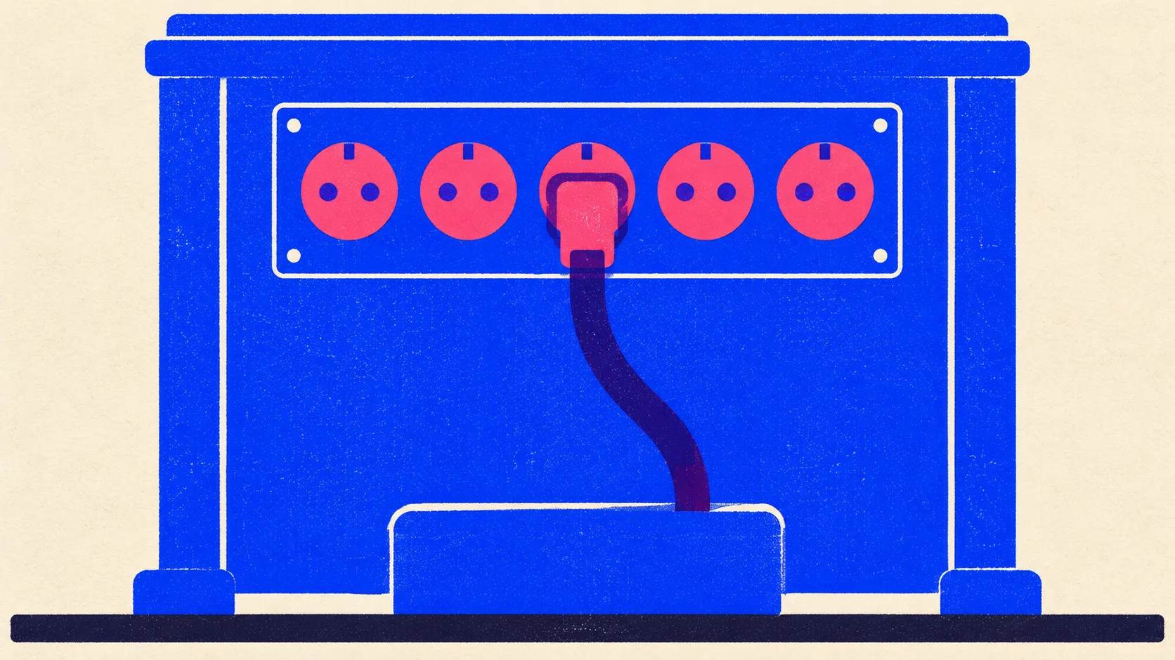 Editorial illustration: a switchboard panel with five sockets and one cable plugged into the middle socket