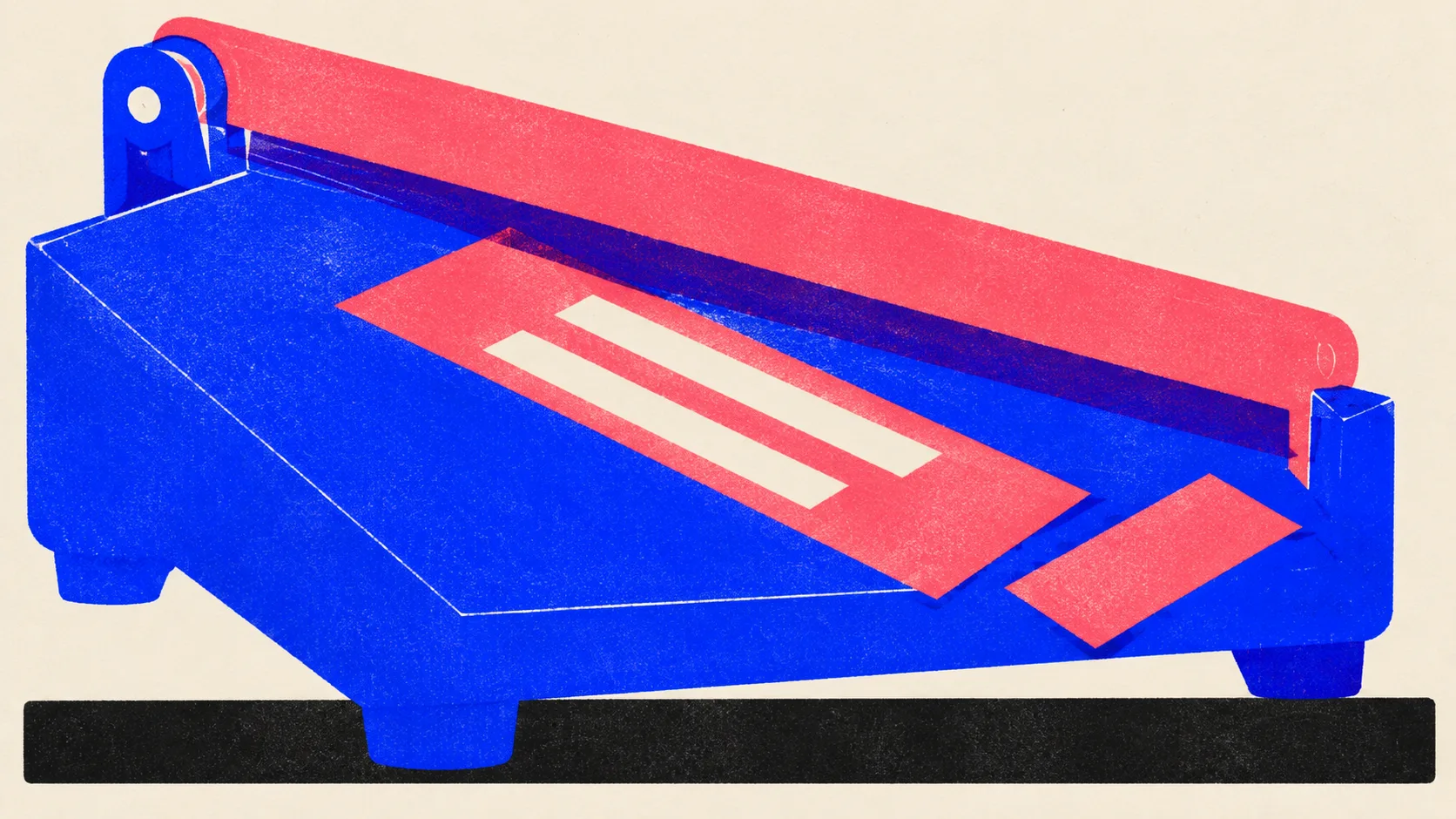Editorial illustration: a paper guillotine trimmer that has cut the overhanging end off a long strip