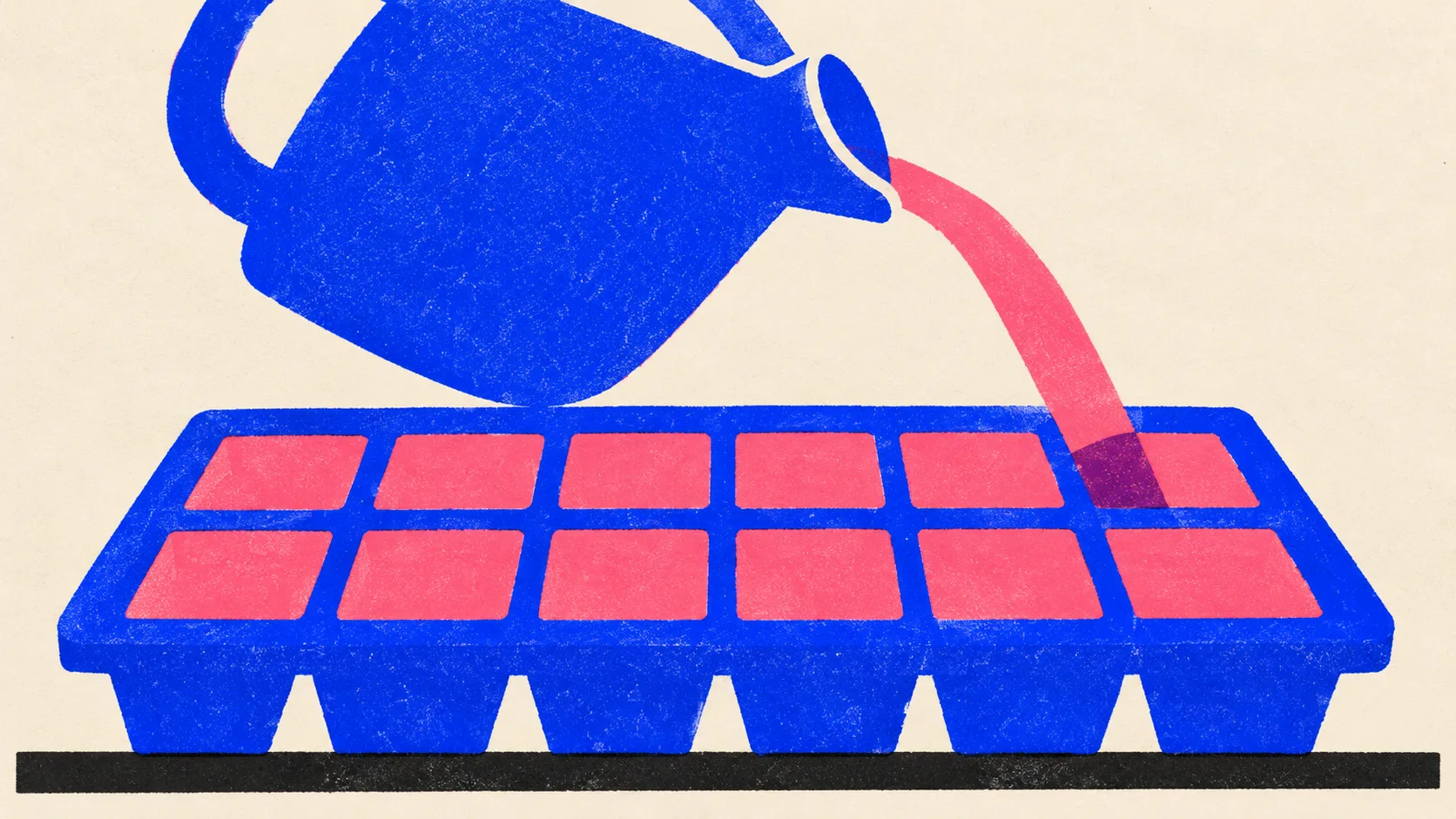 Editorial illustration: an ice cube tray with every cell filled from one jug