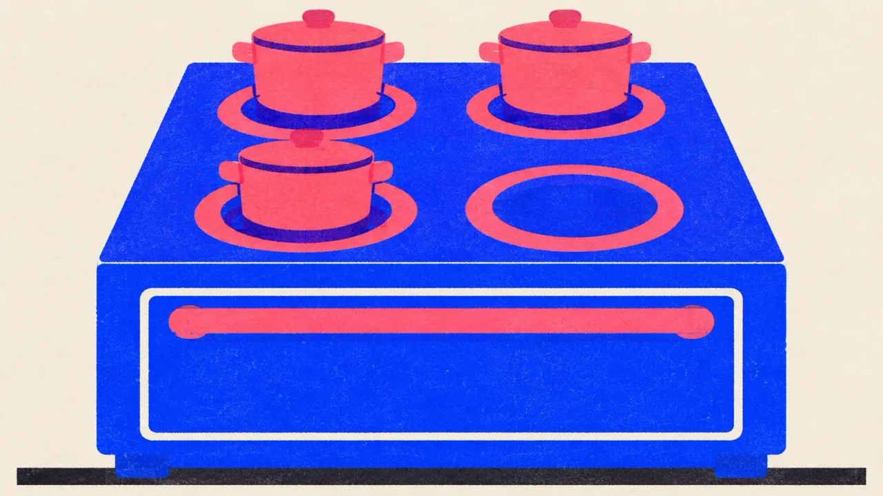 Editorial illustration: a heavy four-burner stove with pots already on three burners and the fourth burner left bare