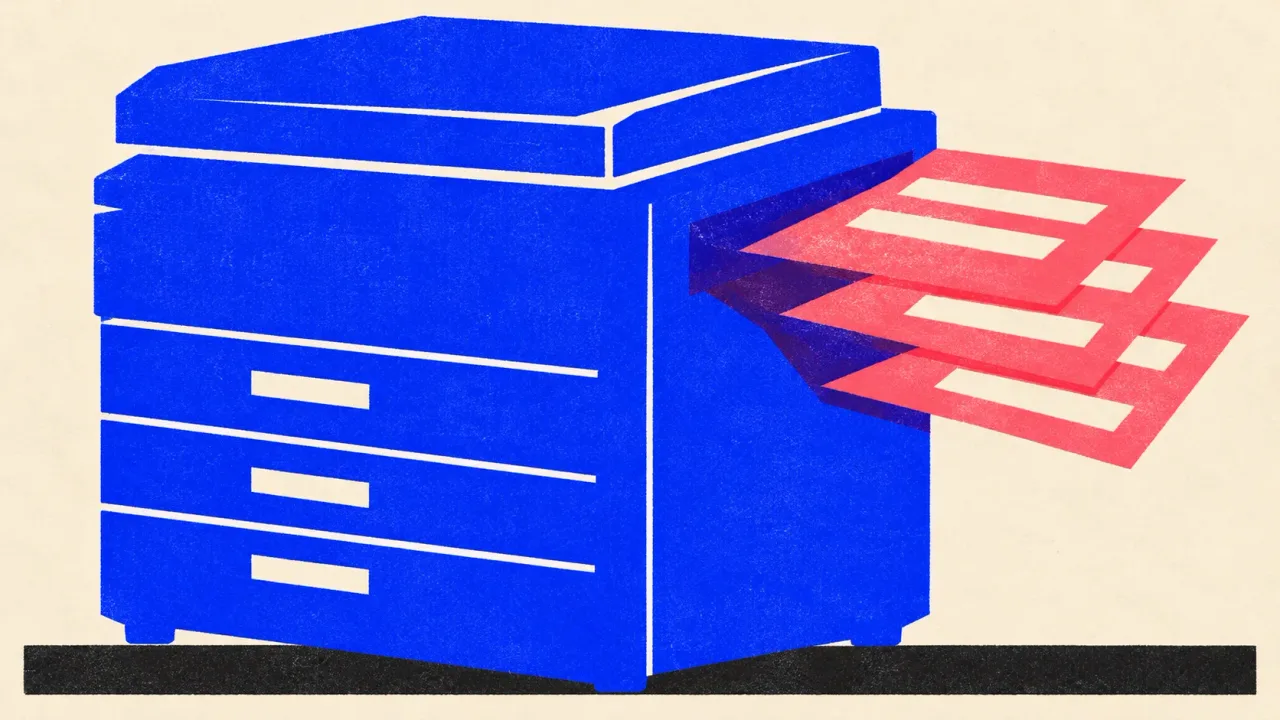 Editorial illustration: an office photocopier fanning three identical sheets out of its output tray