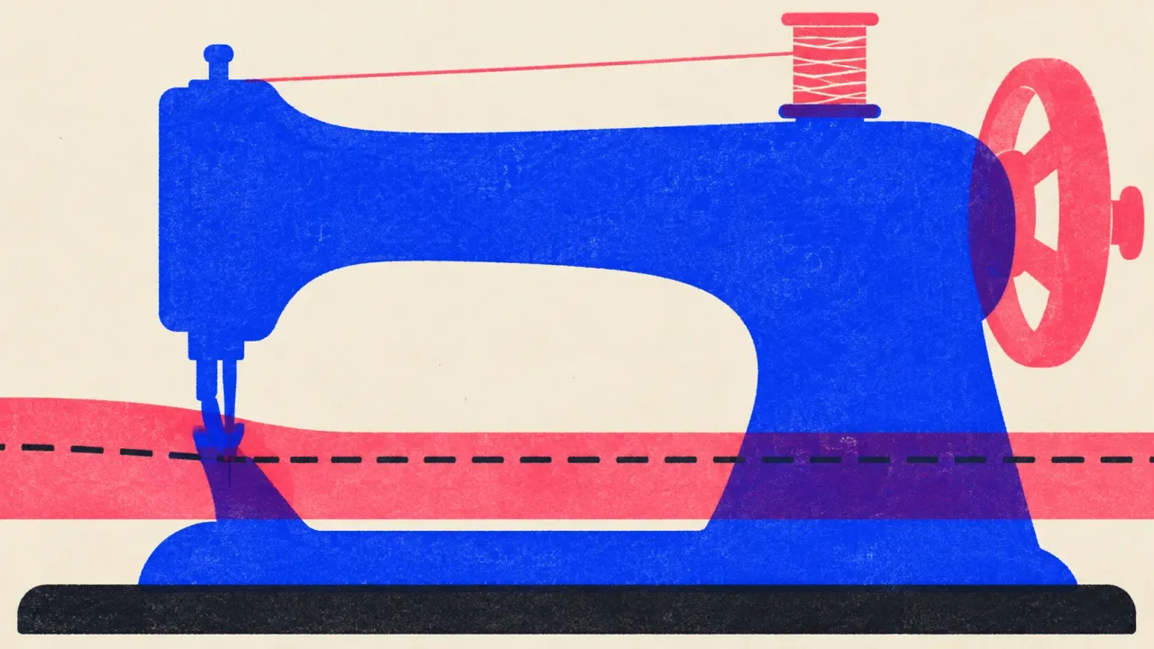 Editorial illustration: a sewing machine running one long, perfectly even seam along a strip of fabric