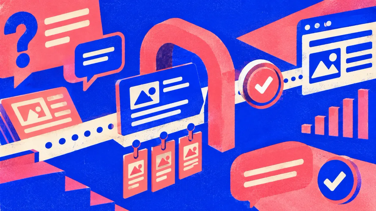 Illustration of an article passing a gate with attached sources and landing as a live page