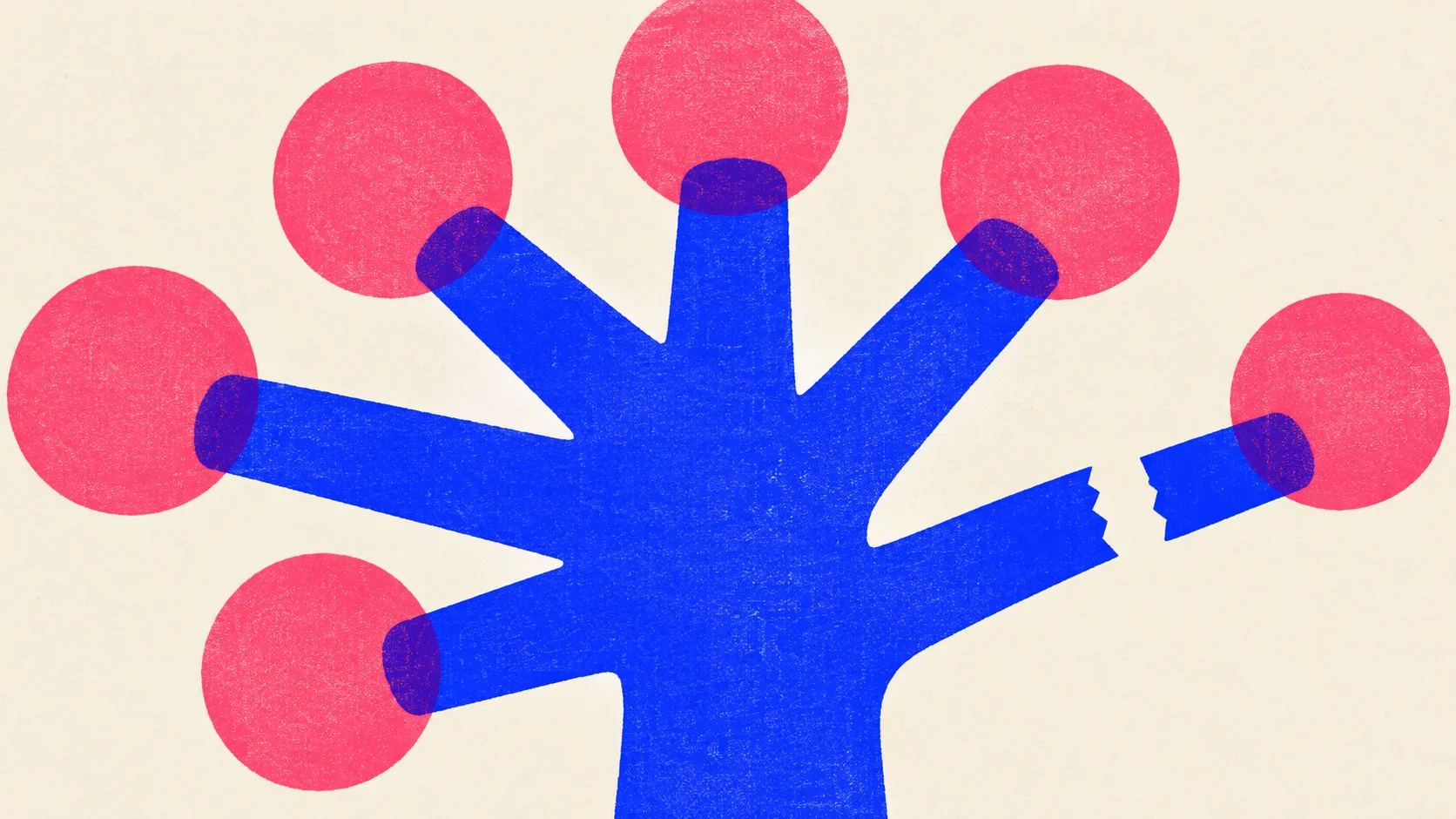 Editorial illustration: a branching tree of heavy rails spreading from one trunk into eight end nodes, with one branch snapped clean through and its nodes left stranded