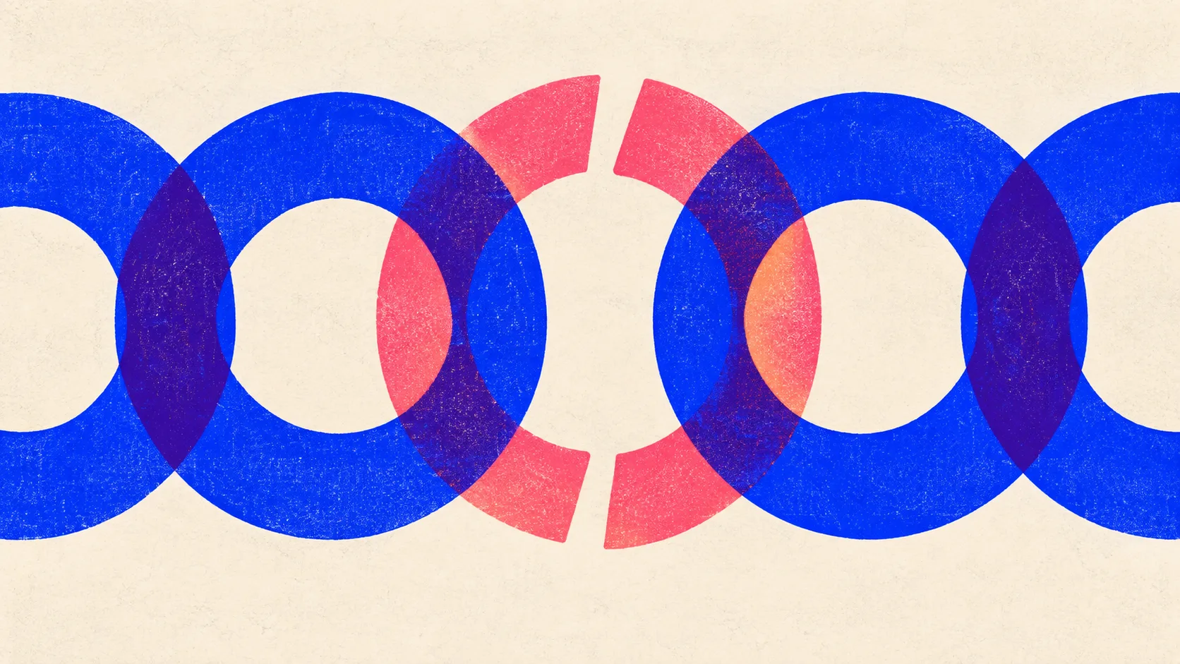 Editorial illustration: a horizontal chain of five massive interlocking rings with the third ring broken open and its two ends pulled apart