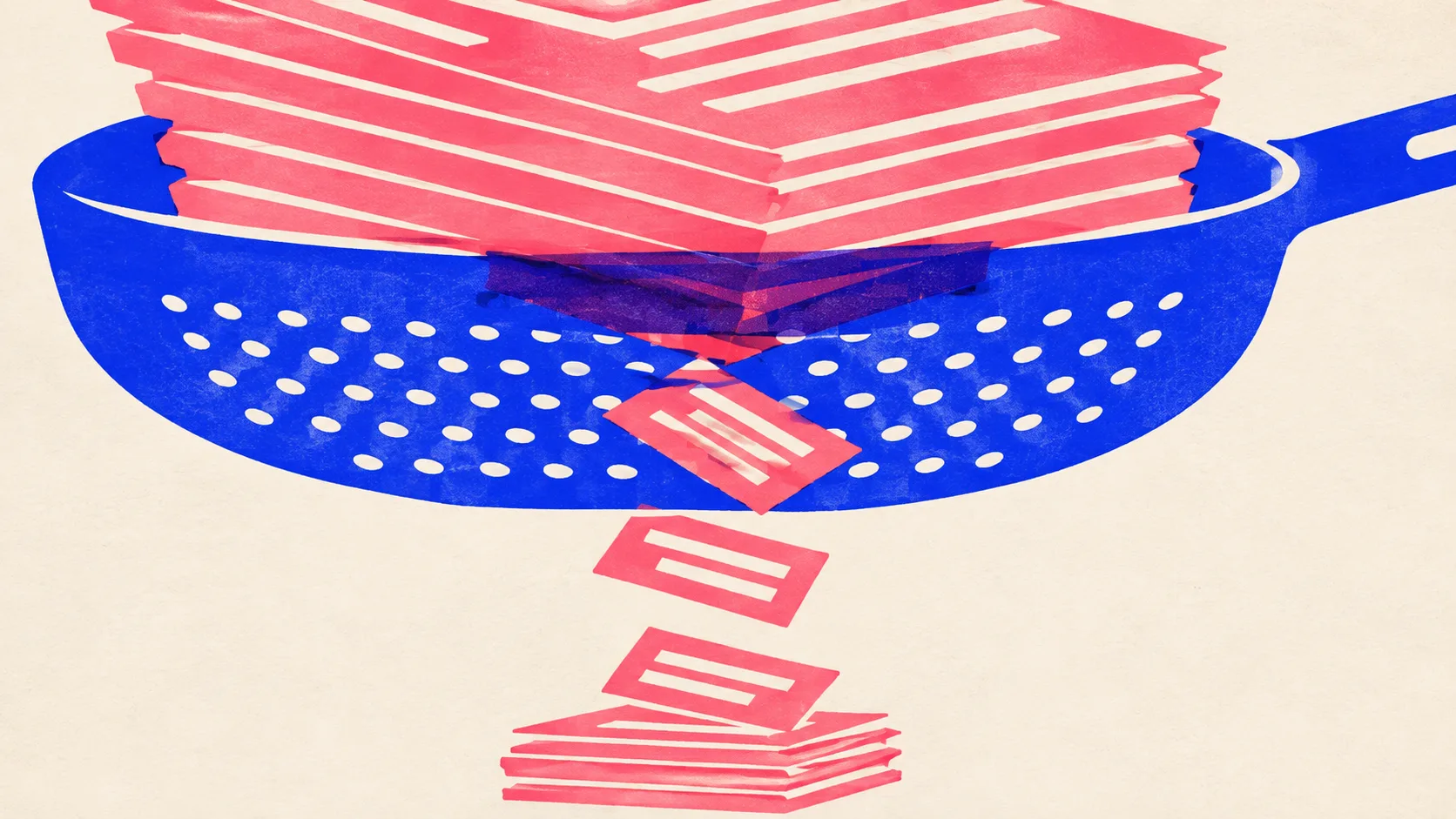 Editorial illustration: a large sieve pan with a thick stack of page plates above it and only three plates falling clean through into a small tidy pile below