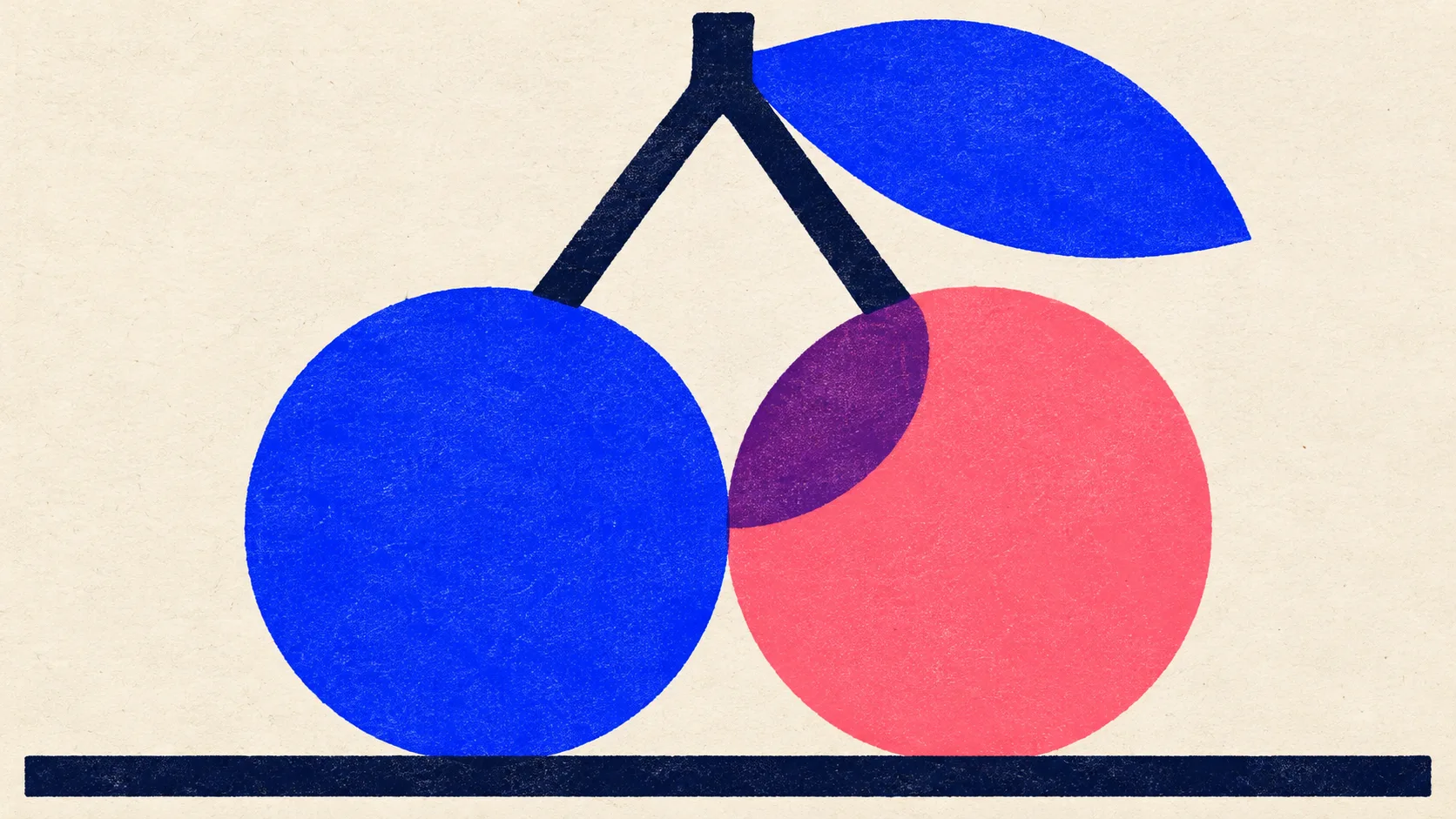 Editorial illustration: two cherries hanging from one forked stem, standing for one name, AI SEO, with two different meanings
